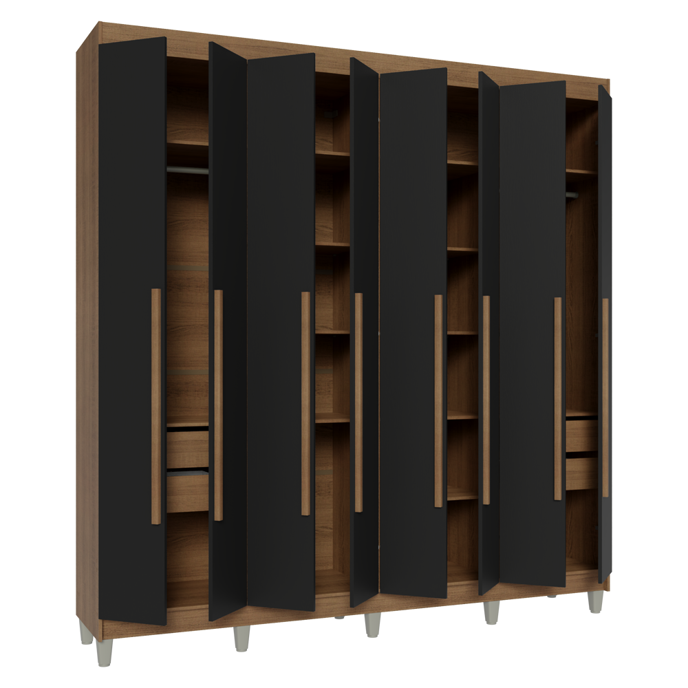 Guarda-Roupa Casal com Pés 8 Portas Batentes Rustic/Preto/Rustic Venus Madesa