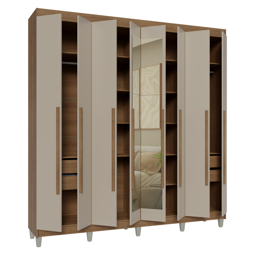 Guarda-Roupa Casal com Pés 8 Portas Batentes com Espelho Rustic/Crema/Rustic Venus Madesa