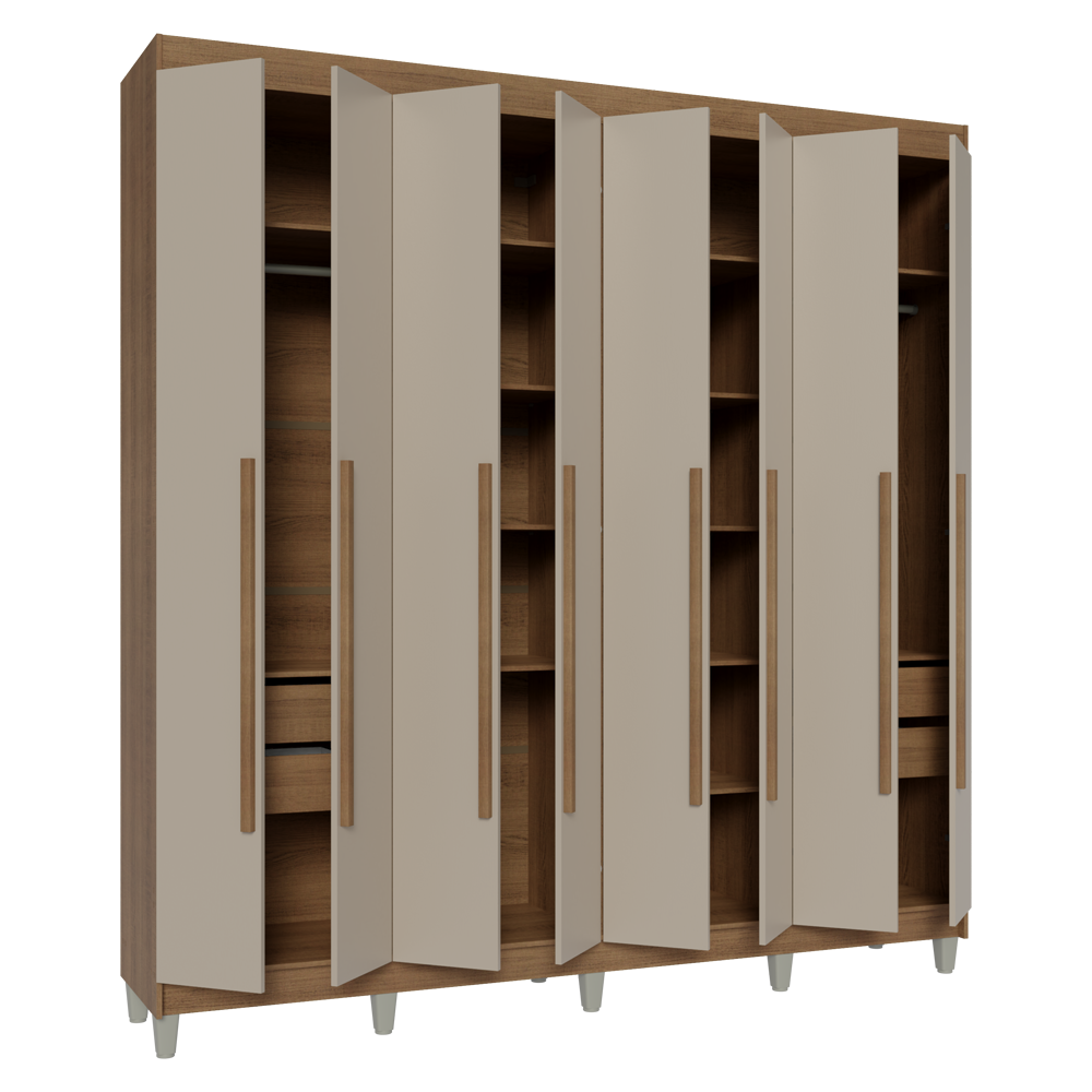 Guarda-Roupa Casal com Pés 8 Portas Batentes Rustic/Crema/Rustic Venus Madesa
