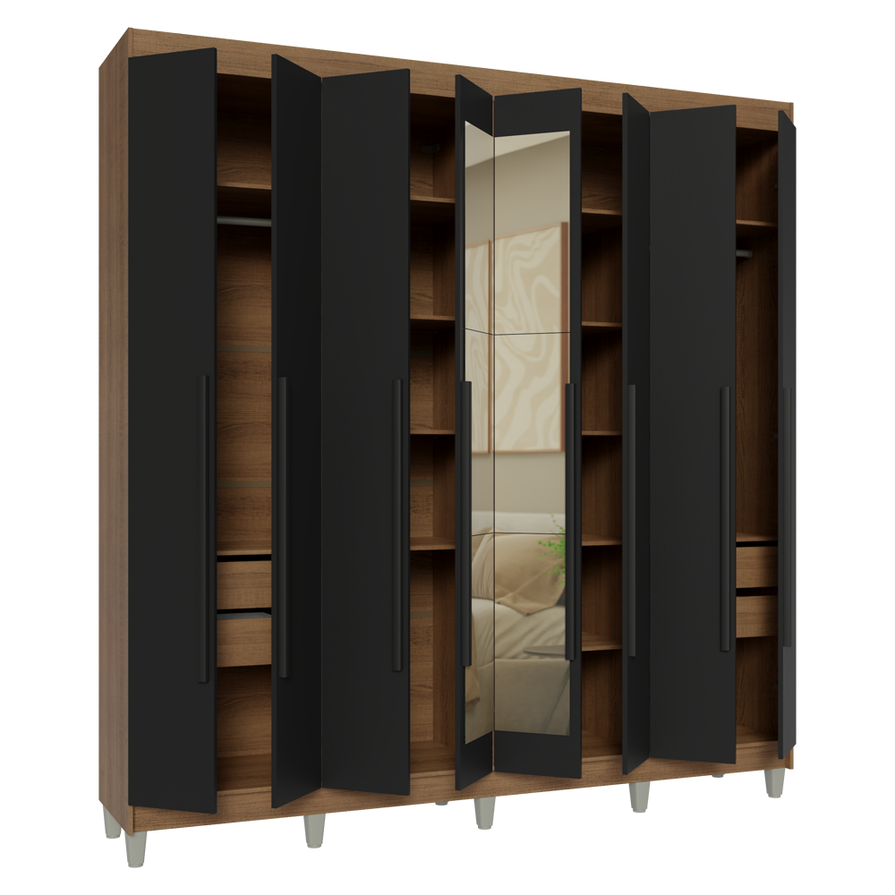 Guarda-Roupa Casal com Pés 8 Portas Batentes com Espelho Rustic/Preto/Preto Venus Madesa