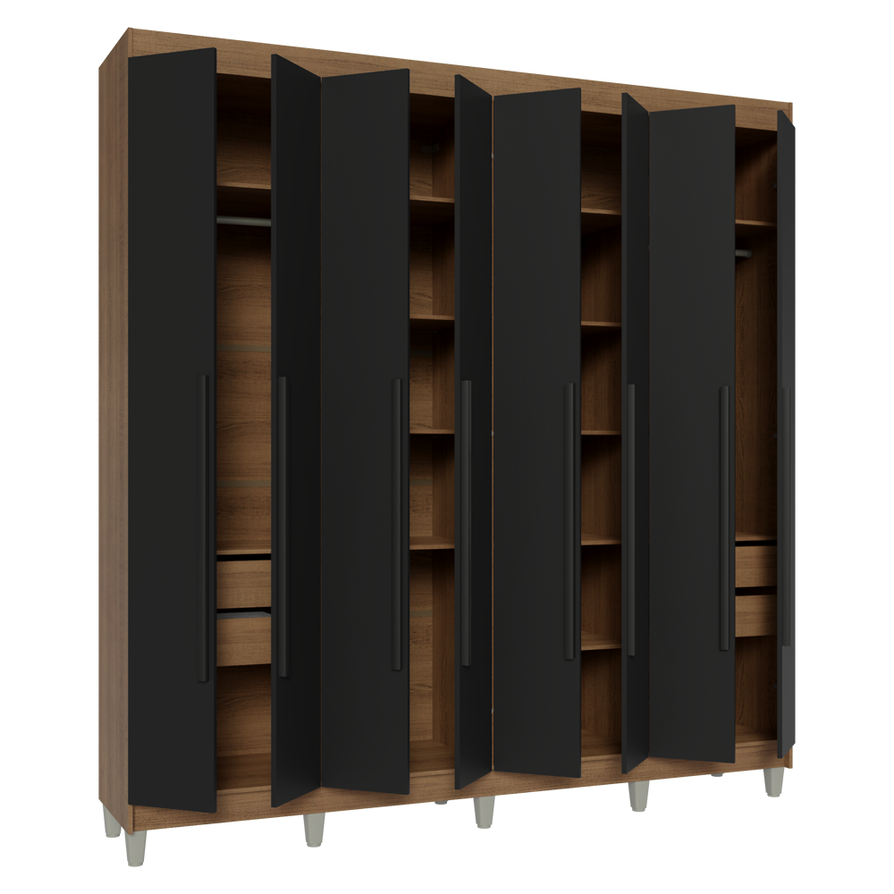 Guarda-Roupa Casal com Pés 8 Portas Batentes Rustic/Preto/Preto Venus Madesa