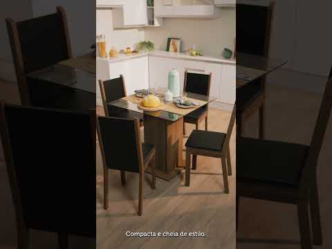 Conjunto Sala de Jantar Aline Madesa Mesa Tampo de Vidro com 4 Cadeiras Rustic/Preto