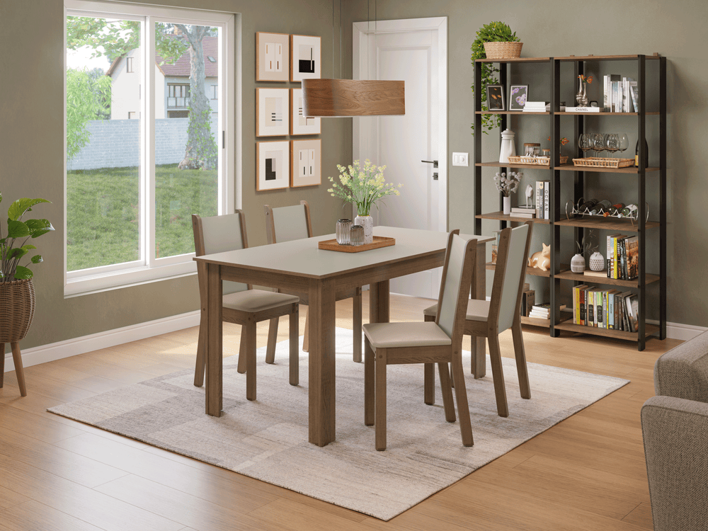 Conjunto Sala de Jantar Alva Mesa Tampo de Madeira 4 Cadeiras Rustic/Crema/Sintético Bege Madesa