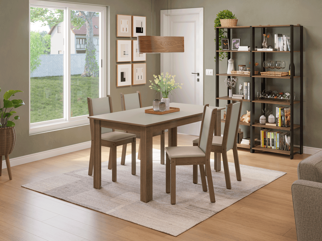 Conjunto Sala de Jantar Alva Mesa Tampo de Madeira 4 Cadeiras Rustic/Crema/Sintético Bege Madesa