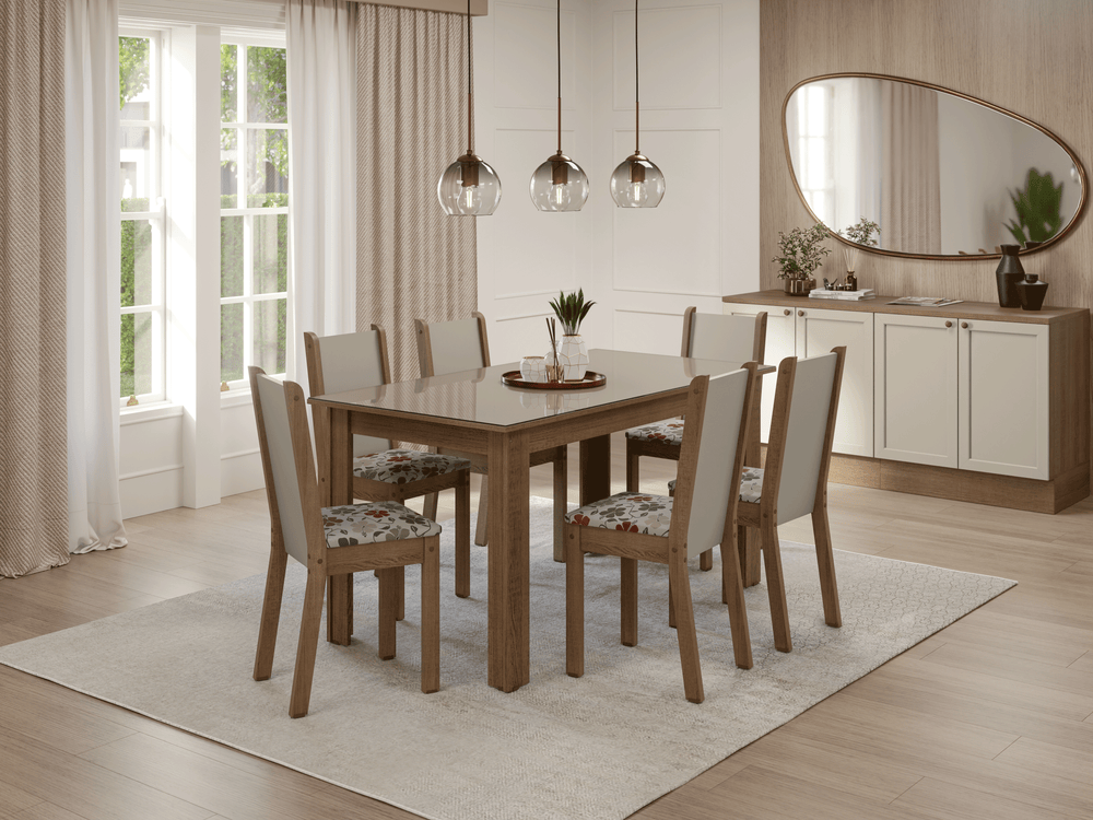 Conjunto Sala de Jantar Elóra Mesa Tampo de Vidro 6 Cadeiras Rustic/Crema/Floral Hibiscos Madesa