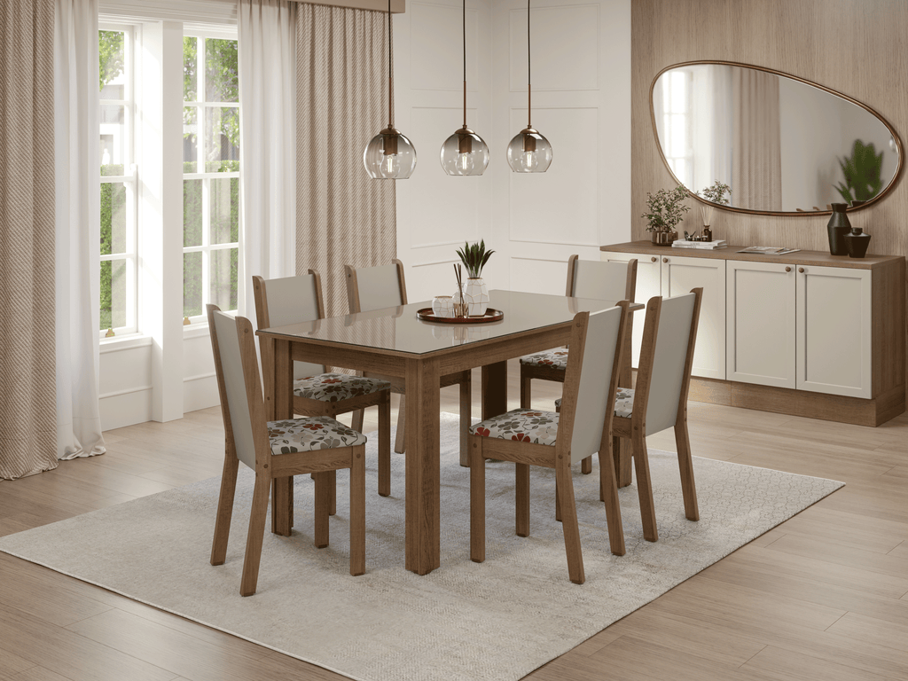 Conjunto Sala de Jantar Elóra Mesa Tampo de Vidro 6 Cadeiras Rustic/Crema/Floral Hibiscos Madesa