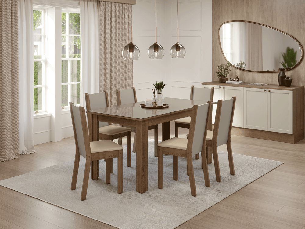 Conjunto Sala de Jantar Elóra Mesa Tampo de Vidro 6 Cadeiras Rustic/Crema/Sintético Bege Madesa