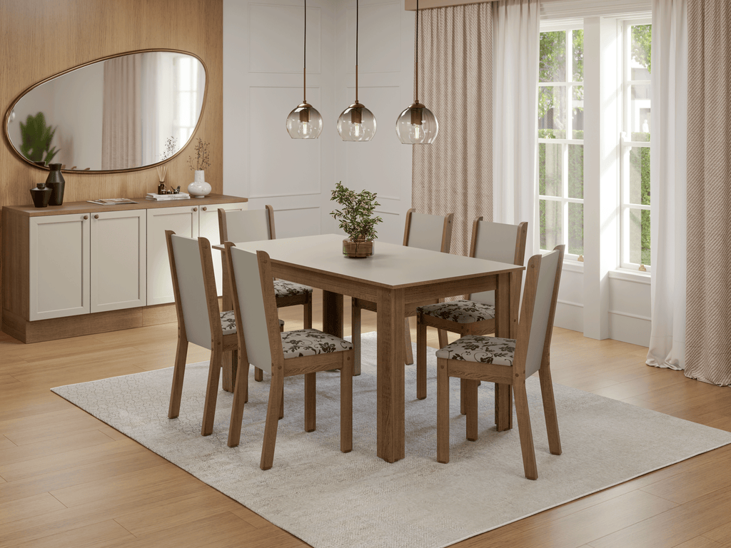 Conjunto Sala de Jantar Lucena Mesa Tampo de Madeira 6 Cadeiras Rustic/Crema/Bege Marrom Madesa