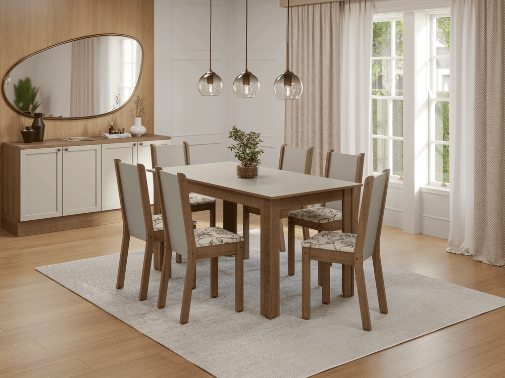 Conjunto Sala de Jantar Lucena Mesa Tampo de Madeira 6 Cadeiras Rustic/Crema/Lírio Bege Madesa