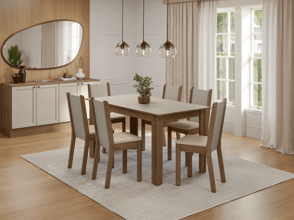 Conjunto Sala de Jantar Lucena Mesa Tampo de Madeira 6 Cadeiras Rustic/Crema/Sintético Bege Madesa