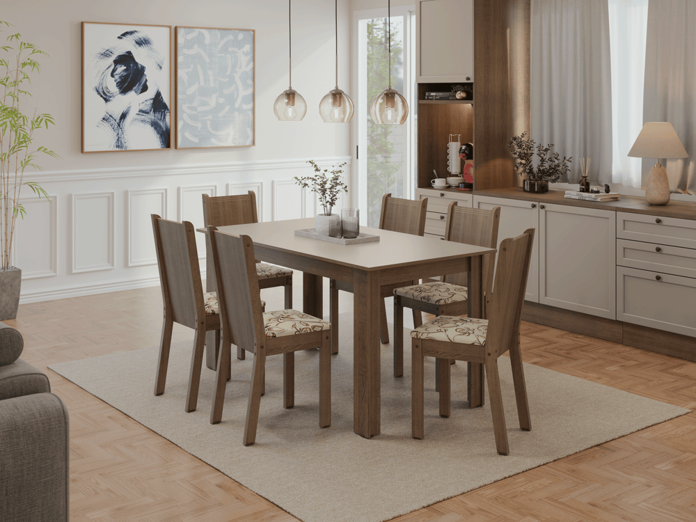 Conjunto Sala de Jantar Dolce Mesa Tampo de Madeira 6 Cadeiras Rustic/Crema/Lírio Bege Madesa